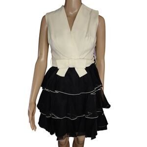 Vintage Cream Black Party Dress NWT Bow Tiered Skirt Size 5 Rayon Silk Flaws